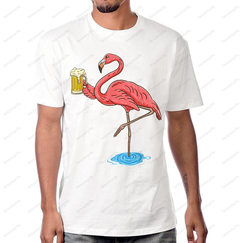 Funny Cartoon Graphic Flamingo Drinking Beer T-Shirt Casual Fashion Loose Harajuku Beerlover T Shirt Summer Hip Hop Man Tshirt