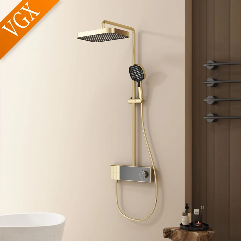 VGX Luxury Gold Bathroom Shower System Set Brass Shower Faucet Set Rainfall Shower Head Set White Shower Mixer Set Chrome Shower