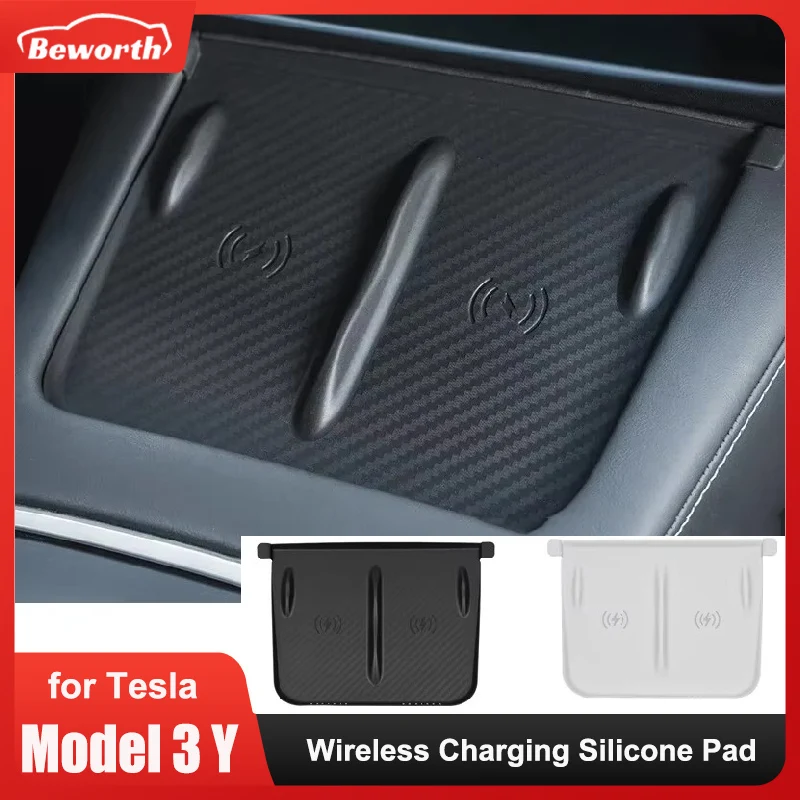 

Wireless Charging Silicone Pad For Tesla Model 3/Y Carbon Fibre Central Control Charger Protector Cover Non-Slip Mat Accessories