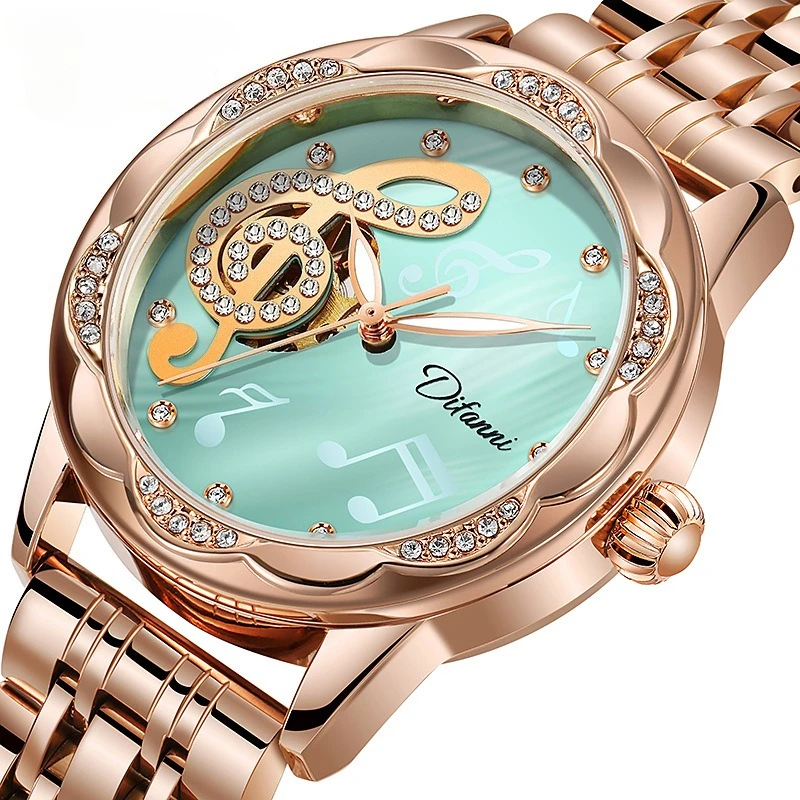 Stainless Steel Musical Note Design Skeleton Luminous Waterproof Self-Wind Automatic Watch for Women