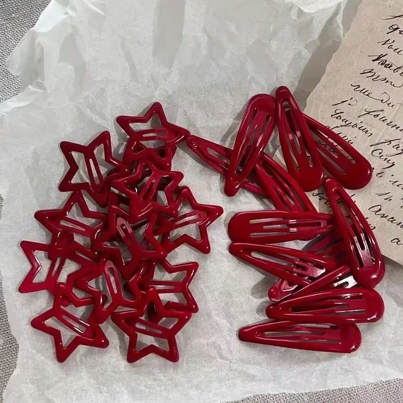 10 Pcs/Lot Red Star Snap Hair Clips for Girls Waterdrop Barrettes Black Hairpin Women Silver BB Kawaii Hair Accessories