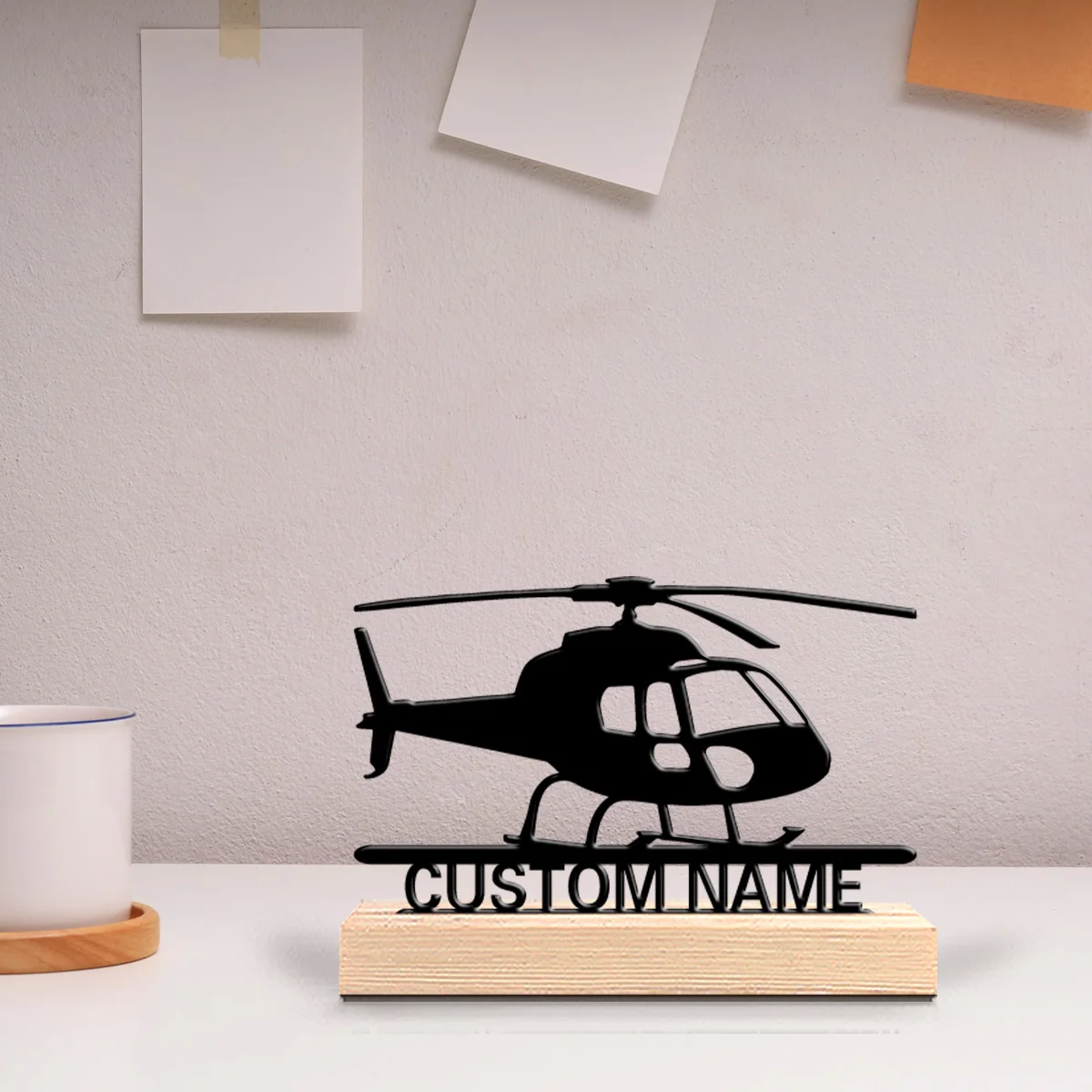1pc Fashion helicopter Custom Text Tin Statue Metal Art Figurine With Wood Base Metal Sculpture With Wood Base For Kids Gifts