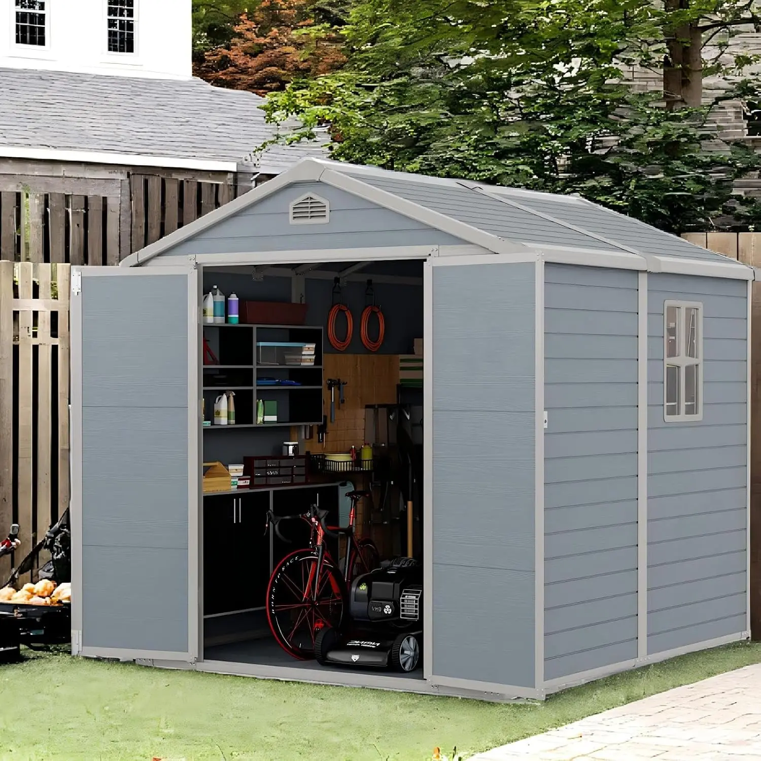Outdoor Storage Shed 8X6 FT Resin Floor Lockable Doors 260 CU.FT Waterproof Patio Cabinet Plastic, Customized