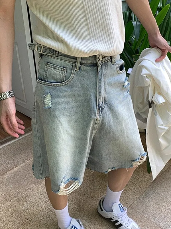 

Мужские джинсы Waed Vintage Hole Denim, летние, модные, уличные, регулируемые, свободные, широкие, длиной до колена, повседневные