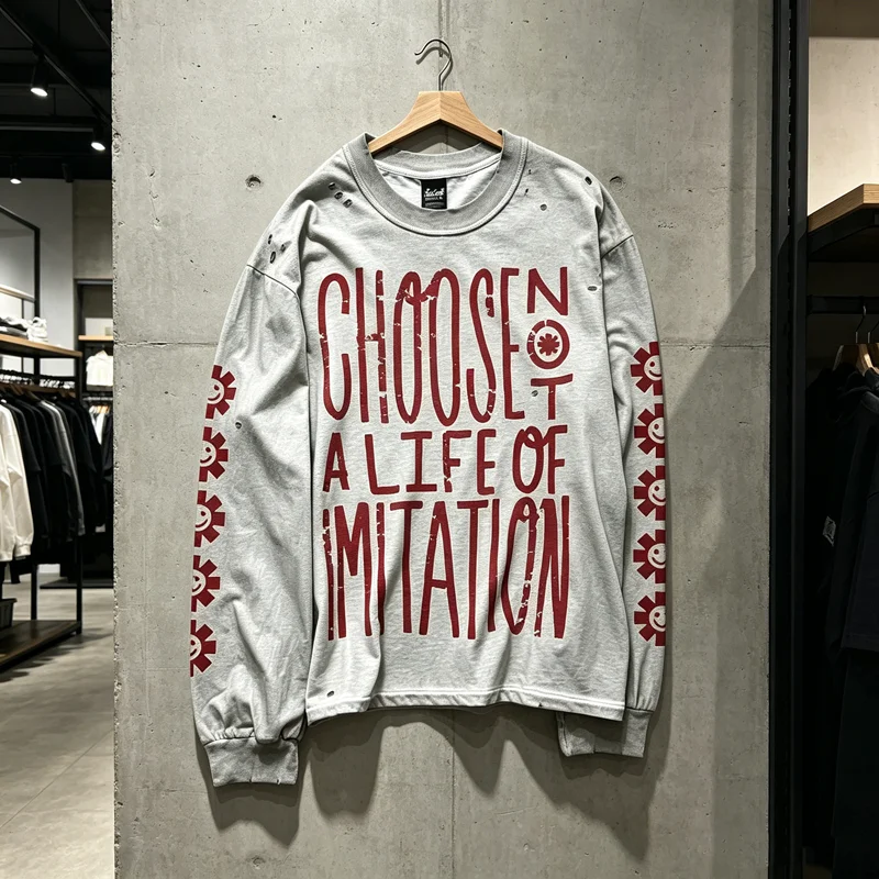 Stain Long Sleeve Hole Damaged Red Print SAINT T Shirt RHCP Clothes Tee Men Women Vintage Washed Distressed Loose T-shirt Tops