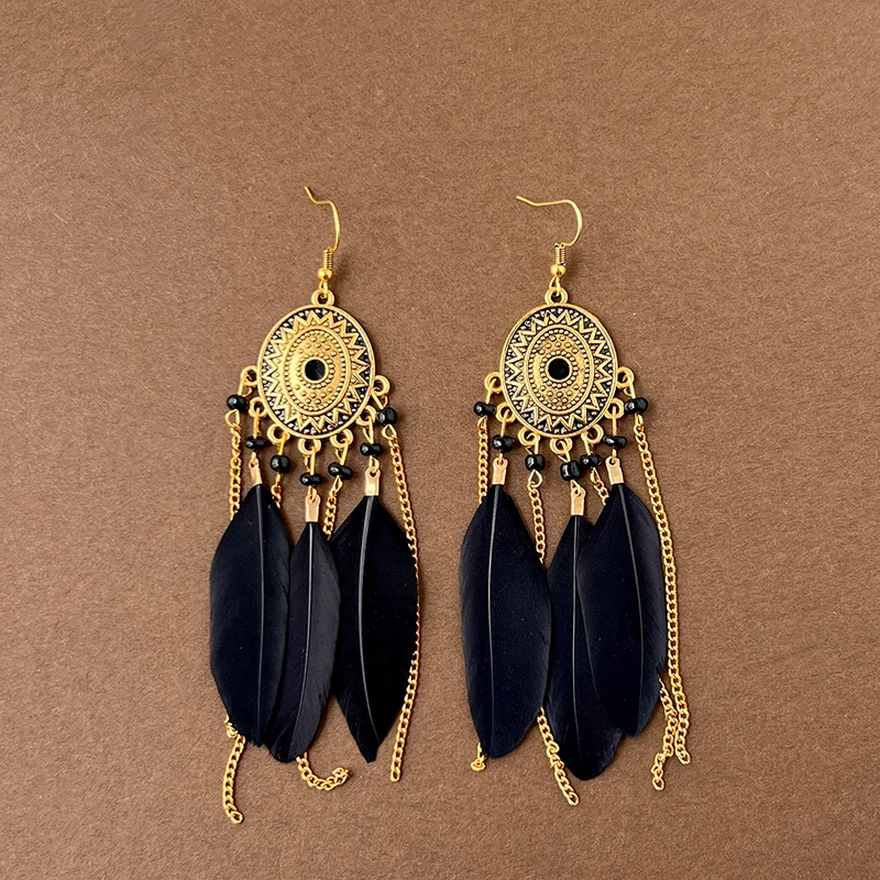 Schwarze Serie Bohemian Vintage Ethnische Baumeln Ohrringe für Frauen Dame Elegante Lange Quaste Feder Ohrring Weiblichen Schmuck – Detail 8