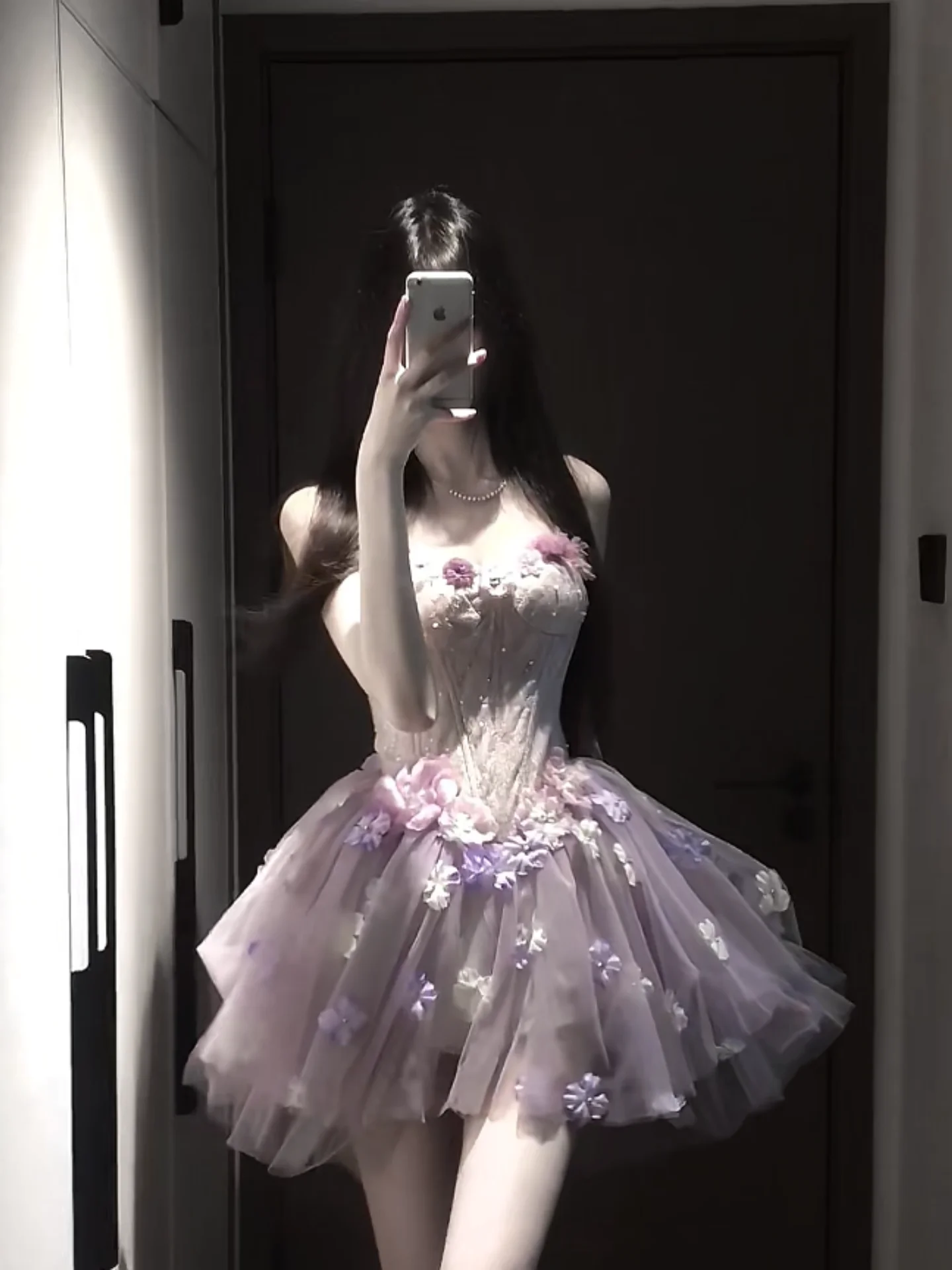 

Princess Style Floral Embellished Short Puffy Skirt Dress Breathable Mesh Waist Cinched Summer Dress for Small Stature Women