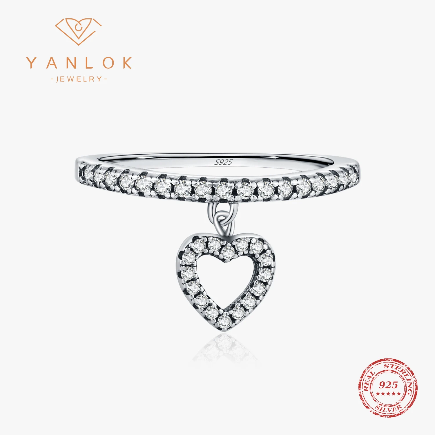 YANLOK Charm Zircon Rings 925 Sterling Silver Vintage Heart Pendant Rings For Women Party Fine Jewelry Accessories