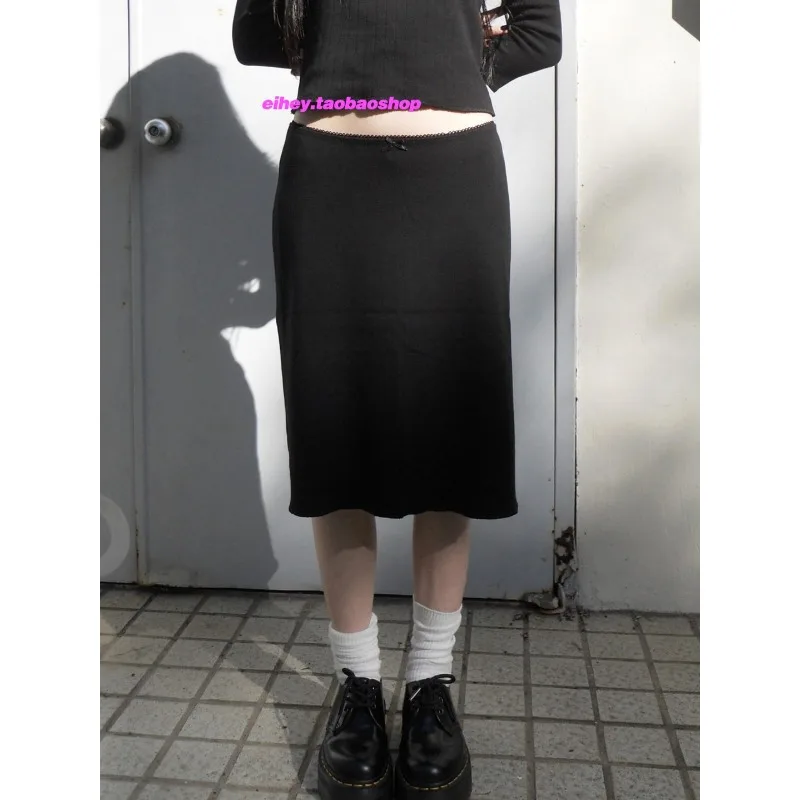 High Waist Bow Stitching Elegant A-line Skirt Women 2026 Summer New Japanese Streetwear Sexy Slim Black Knee Length Skirt