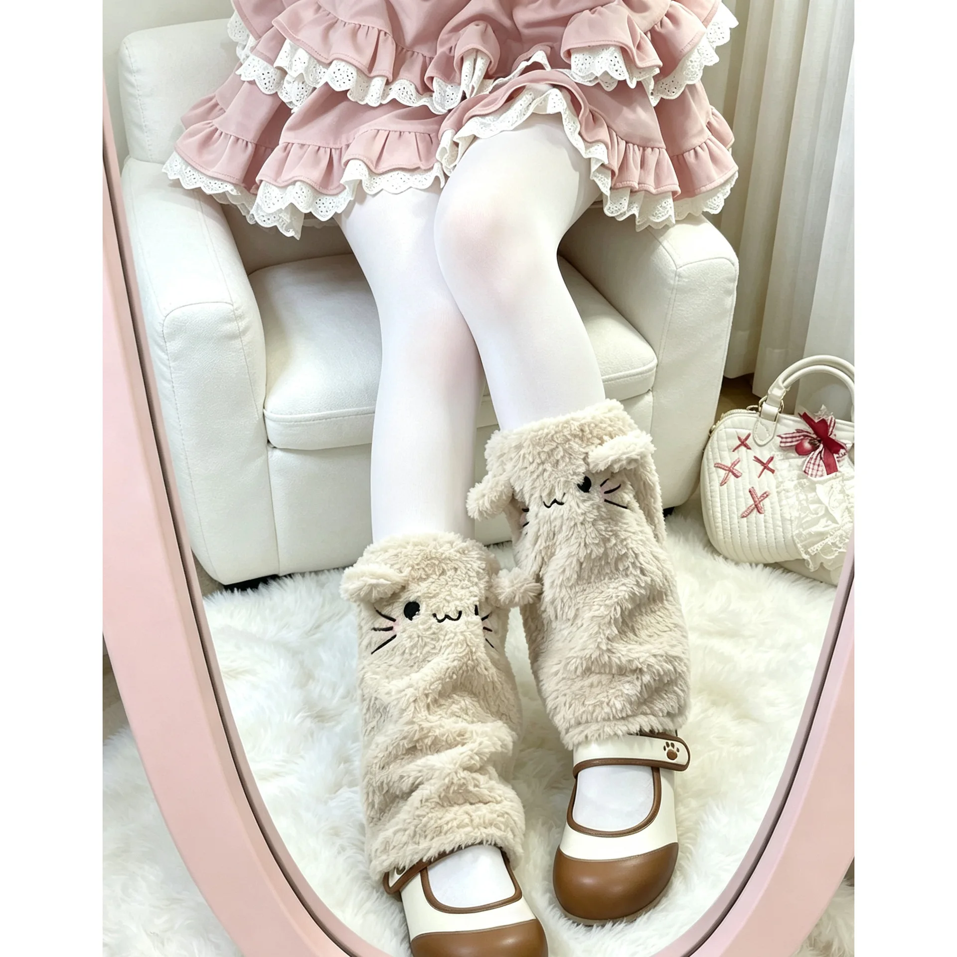 Cute Gothic Cat Fuzzy Plush Leg Warmers Women Lolita Winter Warm Stackable Fluffy Leg Cover for Cosplay Daily Dress Matching Y2K