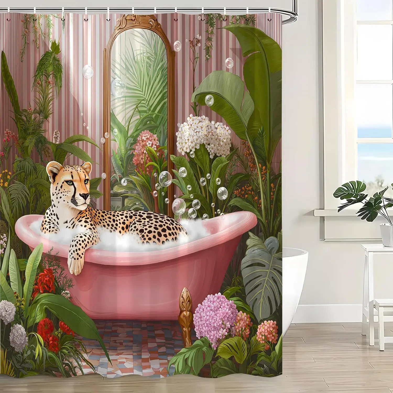 

Funny Leopard Shower Curtain Cheetah in Bathtub Tropical Floral Leaves Plant Jungle Wildlife Cute Panther Safari Animal Modern