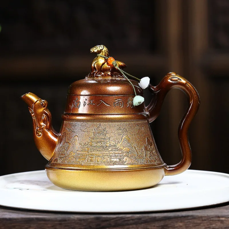 Handmade Yixing Teapot Shell-Fired Jiangnan Landscape Design Purple Clay Gongfu Tea Pot 350ml