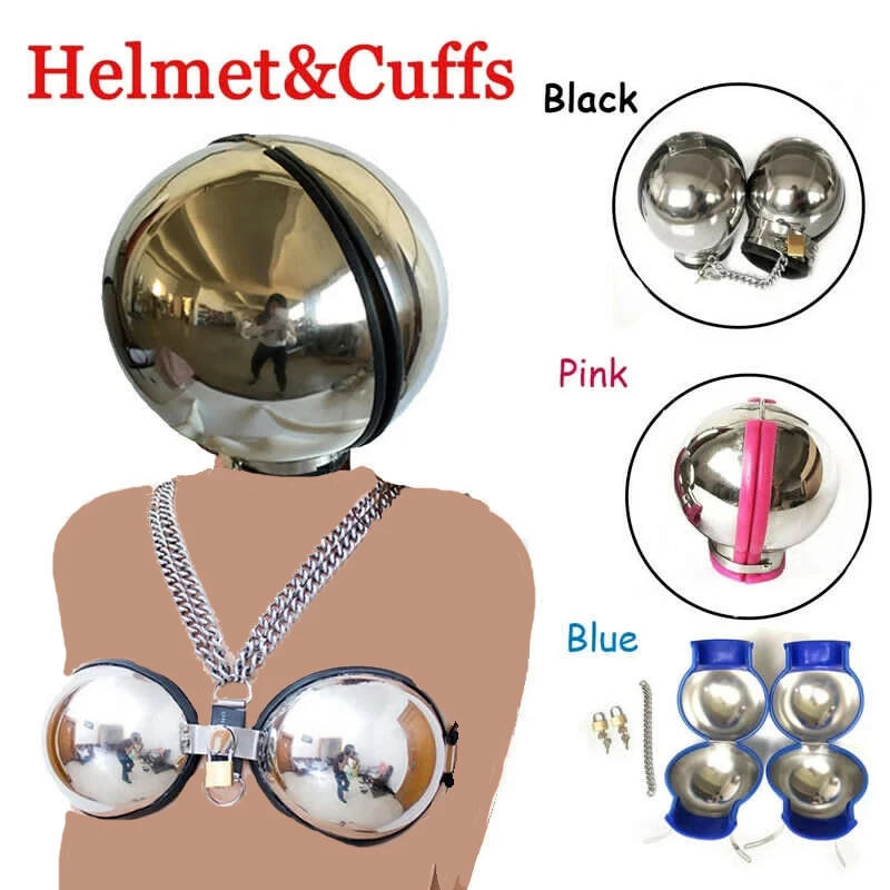 Stainless Steel Round Ball Helmet Bondage Restraint Lockable Hood Cover Fist Mitt Head Hood Adult Slave Sex Toys for Men Women