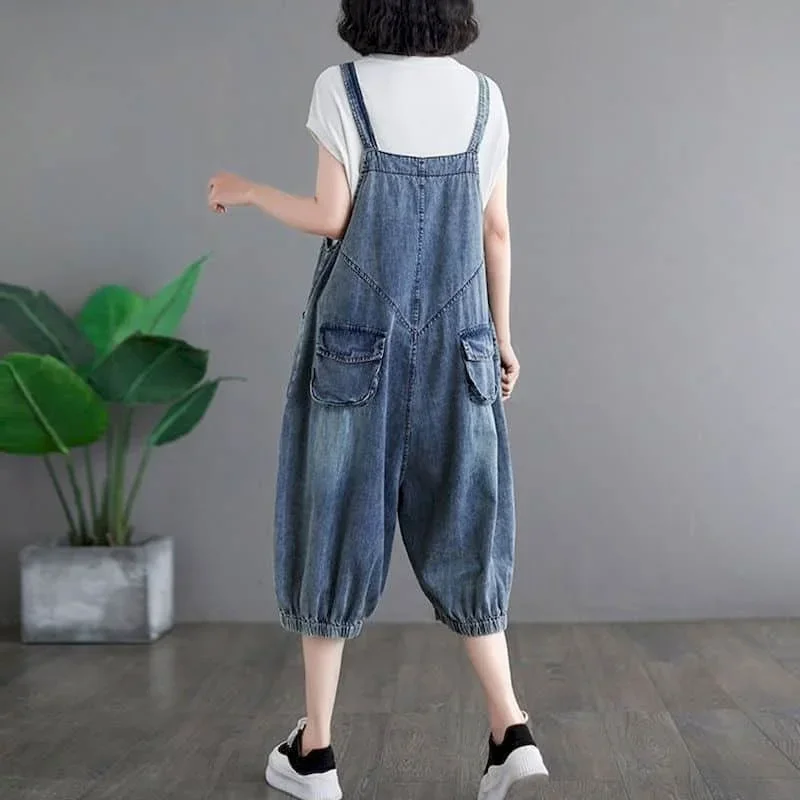 Macacões jeans estilo coreano dos desenhos animados impresso uma peça roupa casual solta roupas de verão para mulheres cintura alta jeans cortados