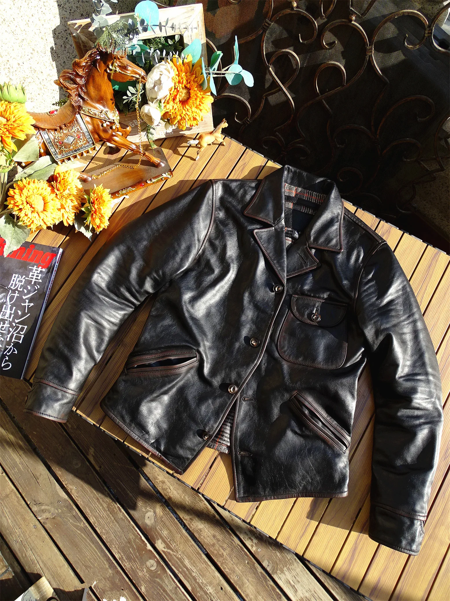 Softened tea core small baby horse leather FW four corners American kaji tooling lapel slim leather jacket