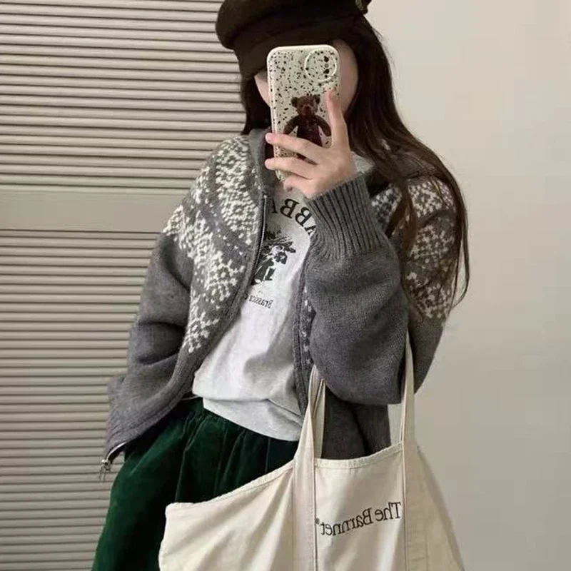 الرجعية الحلو الكورية الجاكار مقنعين محبوك المرأة سترة معطف الخريف الشتاء موضة عادية اللون التباين سستة سترة جديد #4