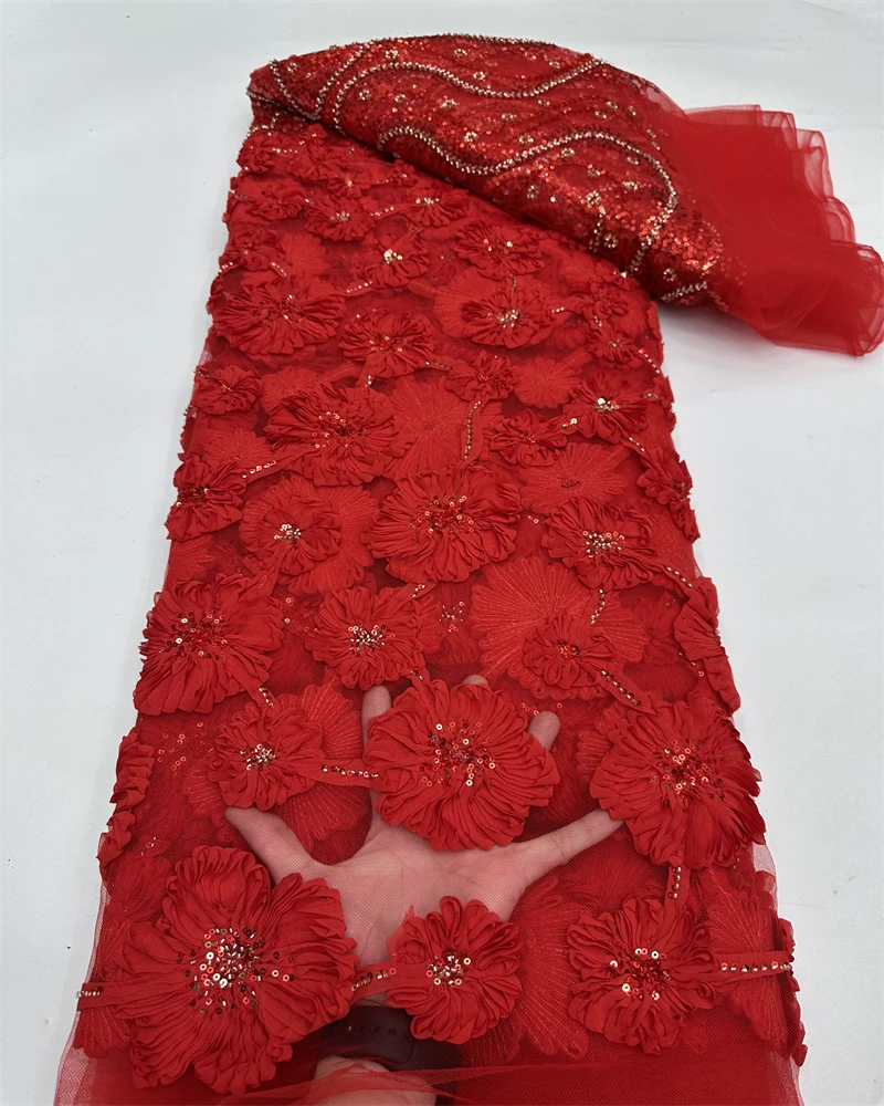 Encaje de tela africana con cuentas 3D de lujo - 5 yardas de alta calidad para costura de vestidos de novia