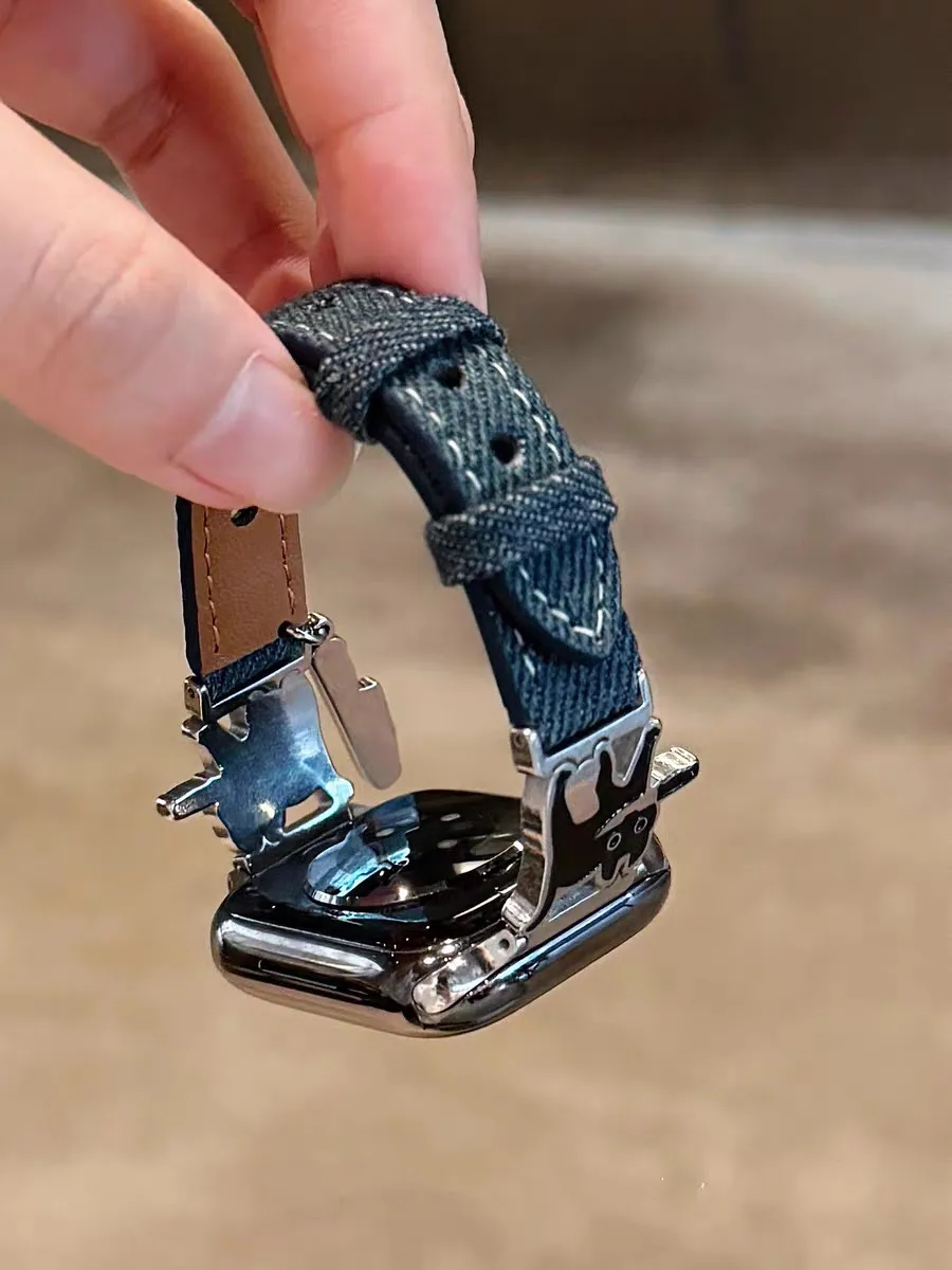 حزام جلدي نحيف من قماش الدنيم لساعة أبل 38/42 40/44 41/45 مللي متر 49Ultra Cat مع سوار سكين لساعة IWatch S10 42/46 مللي متر 9876SE