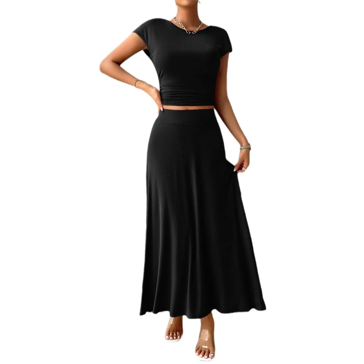 2025 Spring and Summer Short-sleeved Women's Round Neck Slim Fit Solid Color Short-sleeved Top A-line Maxi Skirt Suit