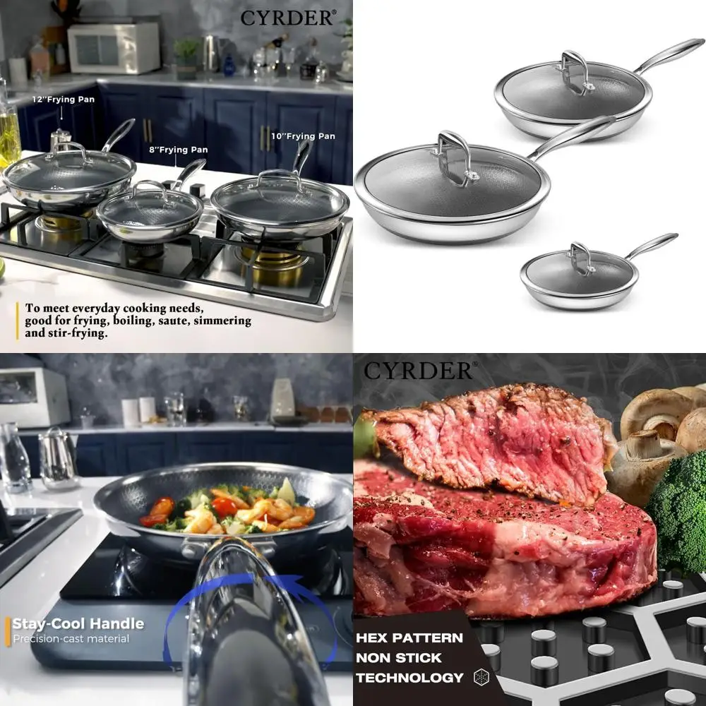 

6-Piece Nonstick Cookware Set: 8, 10, 12 Inch Pans with Lid, 18/10 Stainless Steel, Induction Ready, Dishwasher & Oven Safe, PFO