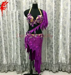 New belly dance clothes Performance clothing purple crystal bra top and short skirt 2pcs girls dance suit lady latin dance suit