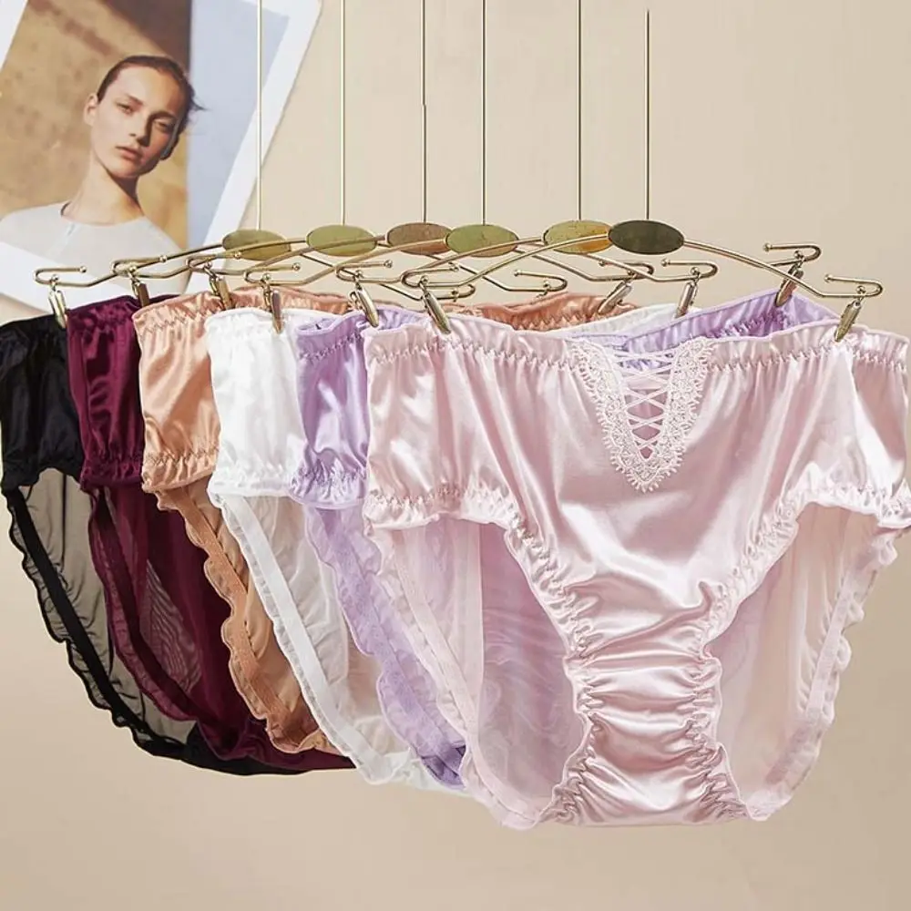 

Ice Silk Satin Silk Panties Transparent Mid Waist Ruffle Hollow Briefs Female Underwear Cotton Crotch Women's Underwear Women