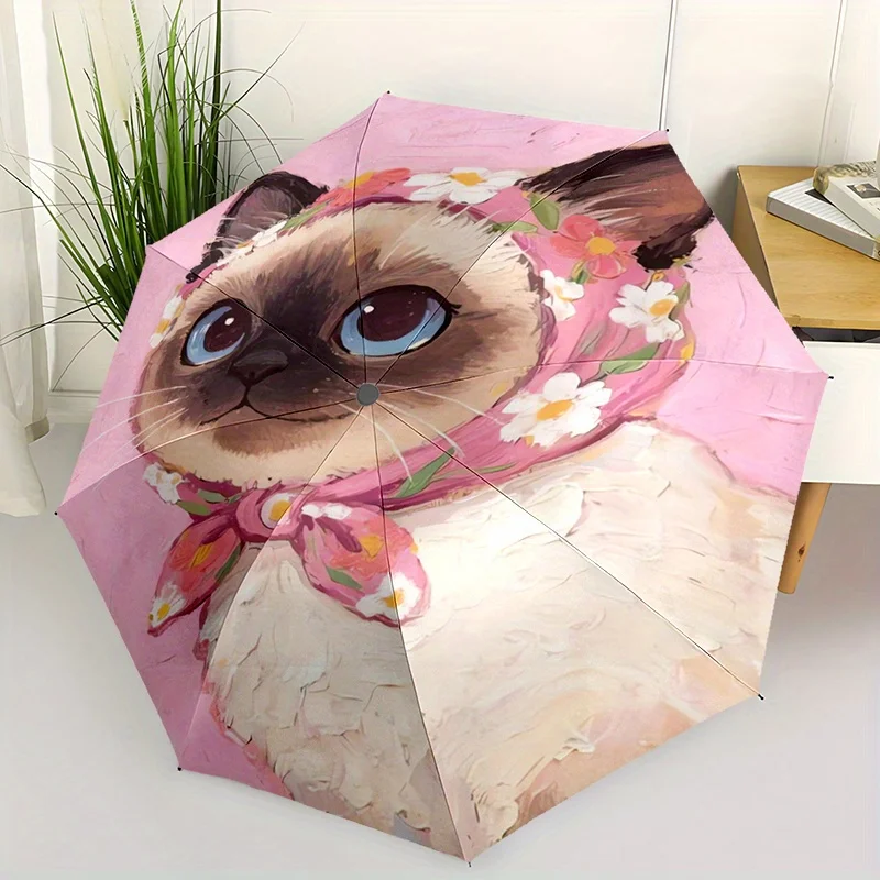

Cute Cat Print Fashionable Auto-Open Folding Umbrella with 8 Iron Ribs, Plastic Handle, Portable and Foldable Sunshade Umbrell