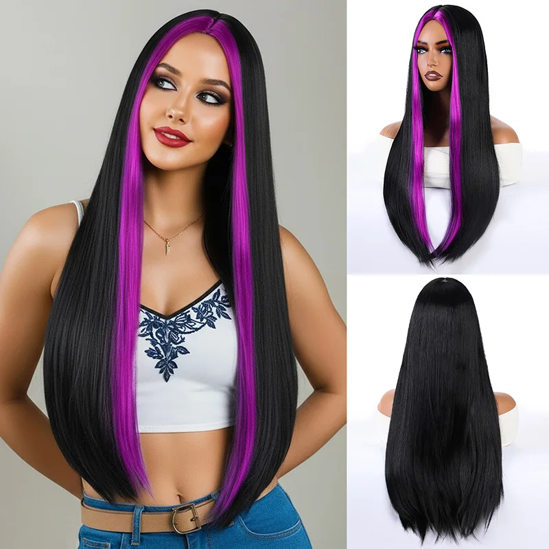 European and American wig Halloween black dyed high temperature silk full head cover long straight hair