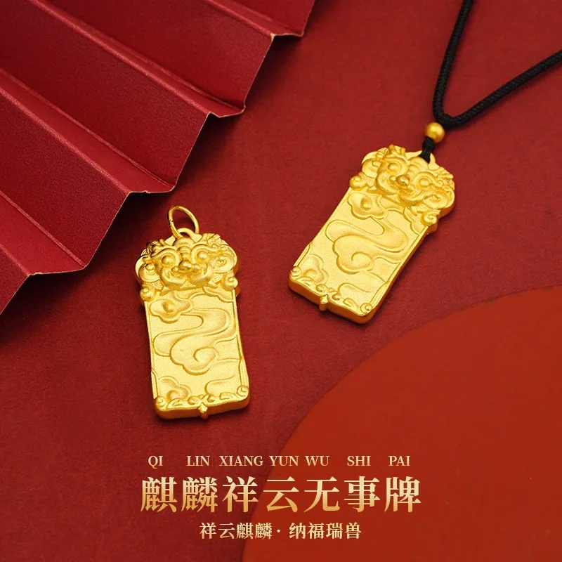 9999 24K pure gold insignia necklace, ethnic style women's insignia gold necklace, gold jewelry accessories
