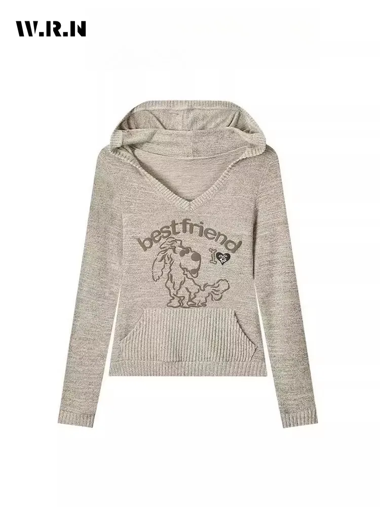 

2025 зимние повседневные вязаные пуловеры с капюшоном и длинными рукавами для женщин, винтажный стиль, трикотаж, свитер с v-образным вырезом и аппликацией, вязаный топ