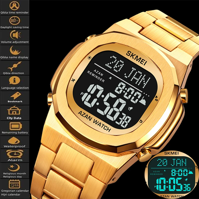 

Skmei Muslim Gregorian Digital Sport Watch Fashion Steel Band Led Waterproof Qibla Direction Wristwatch Pilgrimage Time Reminder