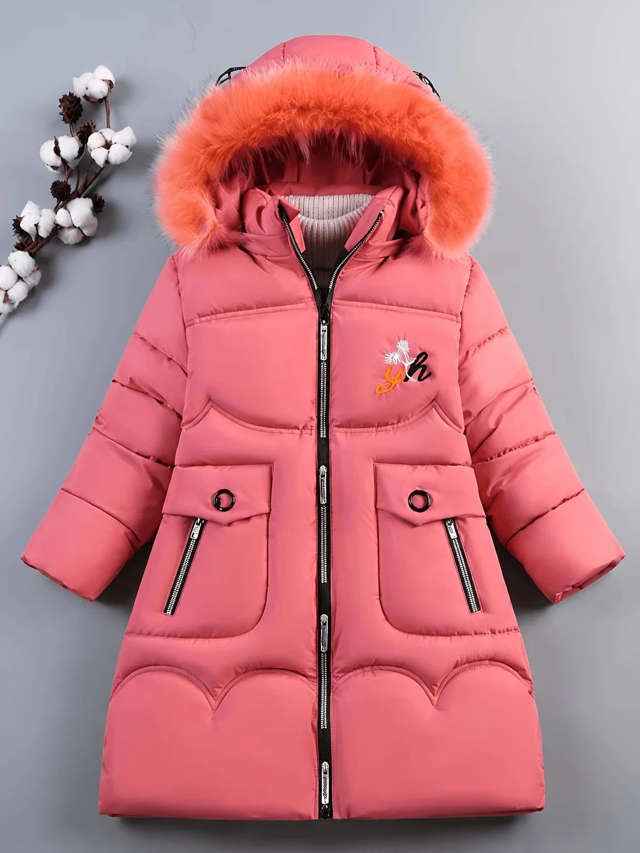 Girls Winter Down-Cotton Padded Coat – Mid-Length Quilted Jacket for Big Kids, Embroidered Letter, Thick Warm Winter Coat