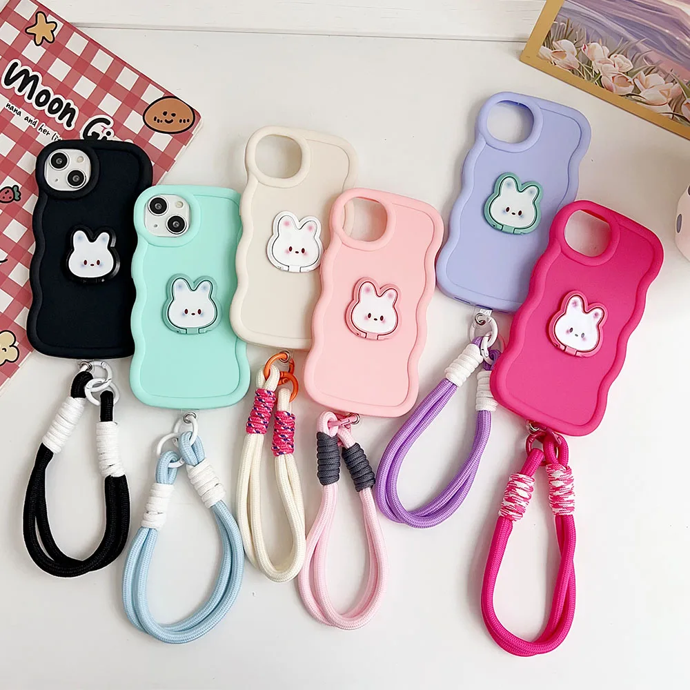 Cute Rabbit Stand+Lanyard Soft Phone Case On Samsung Galaxy M55 M15 F55 F15 F14 C55 M23 5G M32 M22 M12 M11 M04 M14 M13 4G Cover