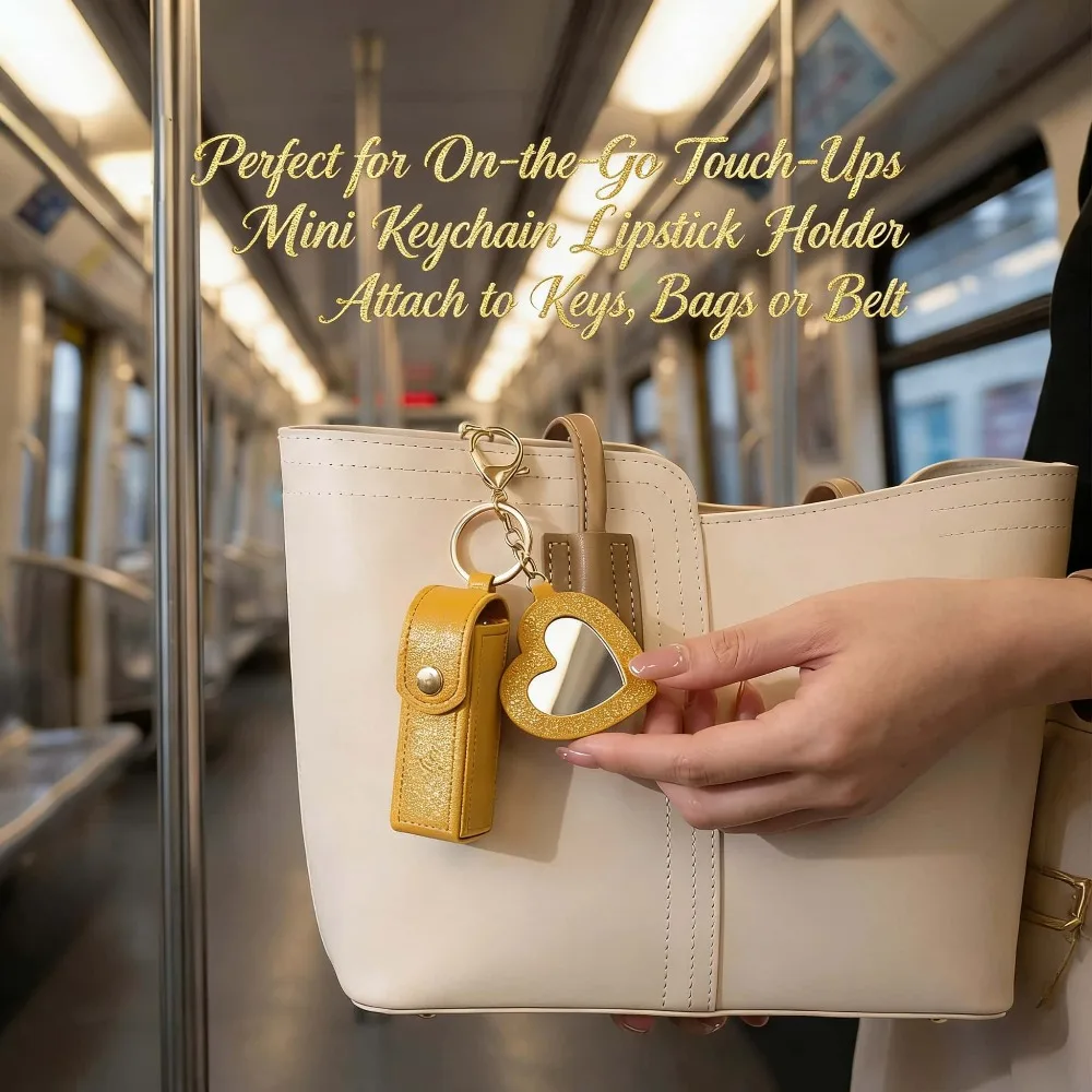 Portable PU Leather Lipstick Holder Keychain with Heart Mirror Mini Cosmetic Bag Purse Women Girls Handbag Charm Creative Gift