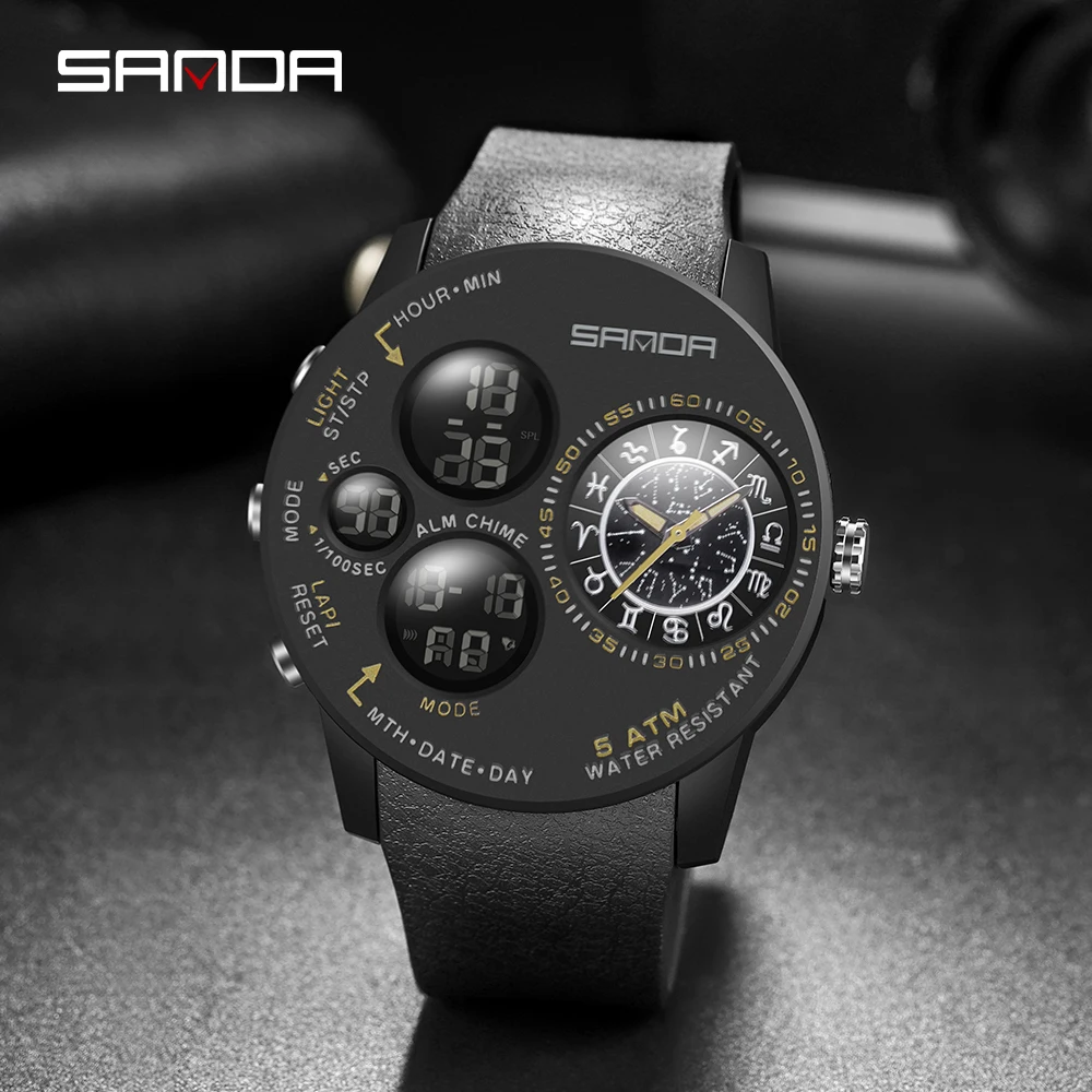 

Sanda 2022 Fashion Outdoor Mens Watches Top Brand Military Sports Quartz Watch Dual Display Wristwatch Waterproof Clock 6036