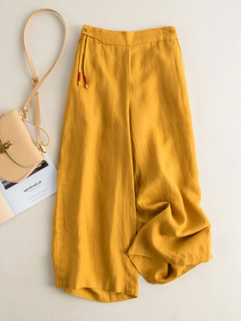 

Loose Wide Leg Pants Casual Hemp Women's Trousers Asymmetrical Design Commute Style Natural Waist Long Pants