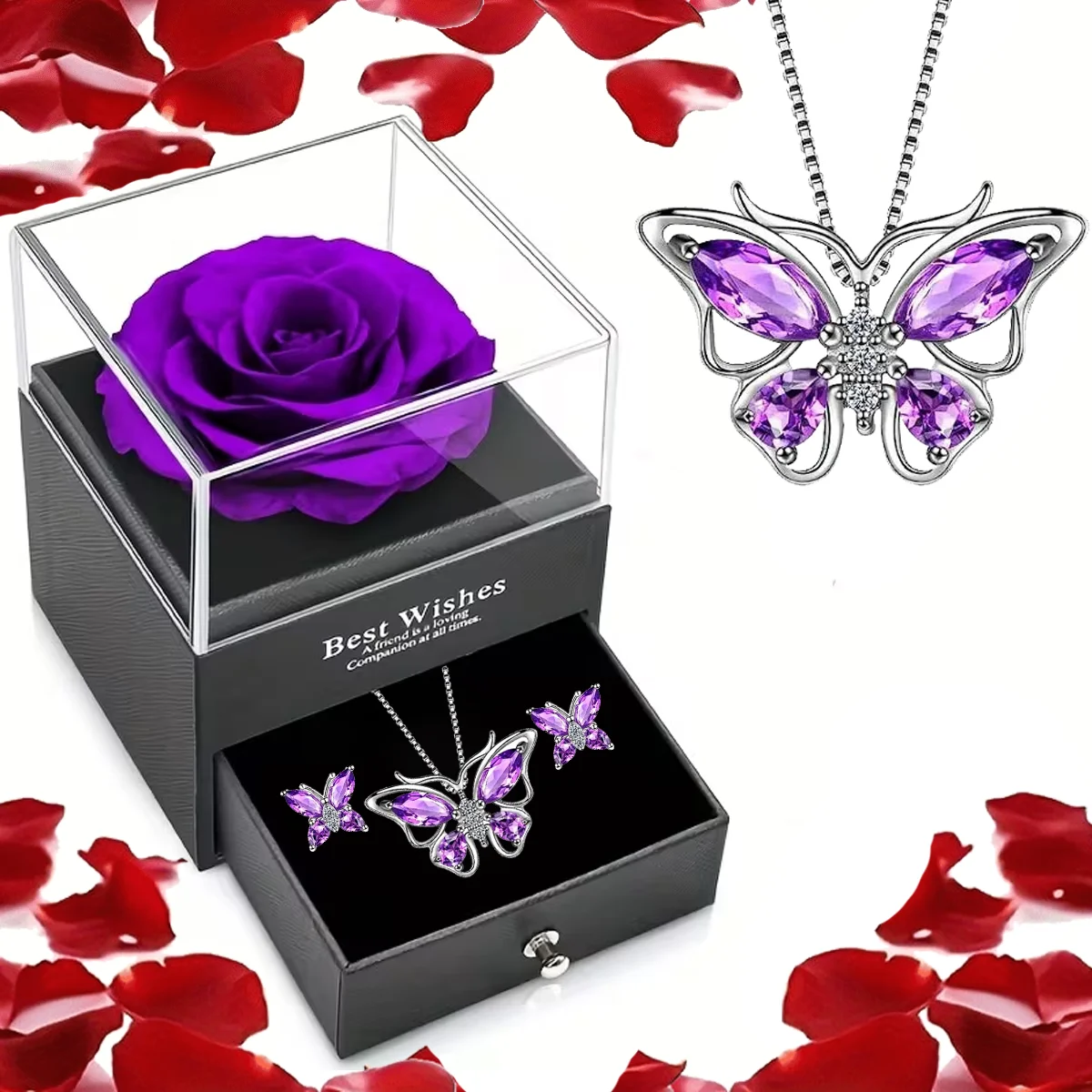 صندوق هدايا على شكل زهرة الورد الأحمر مع قلادة على شكل قلب من حجر الحظ، للأم والزوجة - عيد الأم، عيد الحب، عيد الميلاد