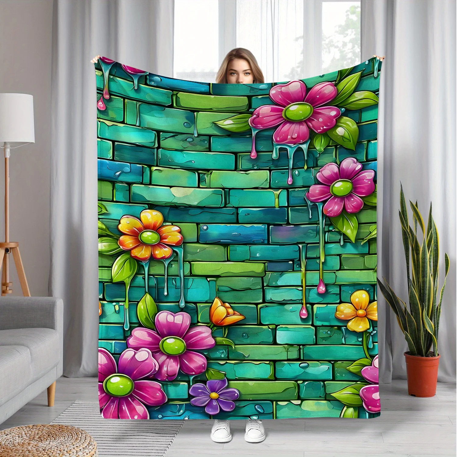 Green Brick Wall Graffiti Flower Street Art Blanket for Dorm Colorful Urban Design Throw Vibrant Fleece Piece