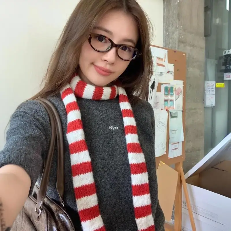 Harajuku قطاع مخطط وشاح متعدد الألوان رقيقة شريط محبوك وشاح الرقبة ضئيلة ضيق الشريط الأوشحة كل مباراة رقيقة منديل