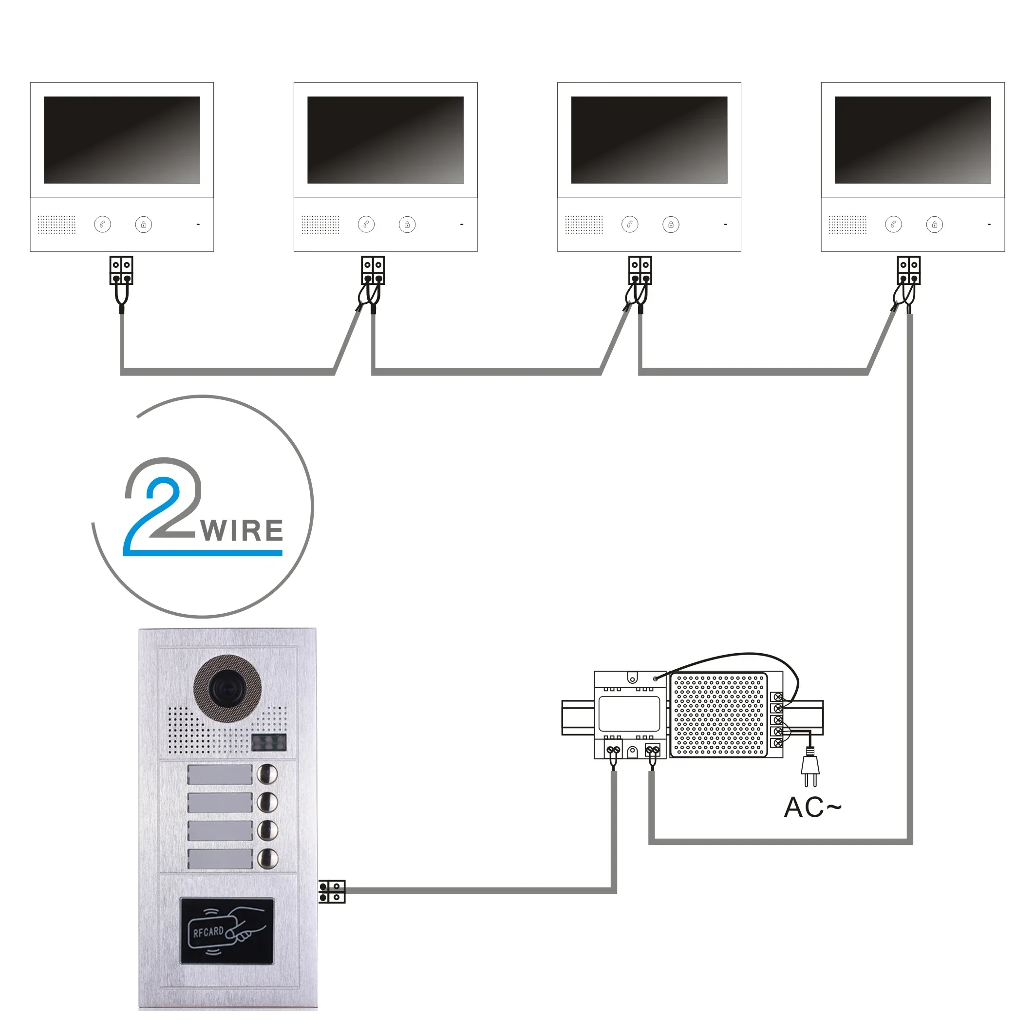 Sistema de entrada de vídeo porteiro, kits de telefone de porta de vídeo com monitor LCD de 7 polegadas com fio, campainha de vídeo de apartamento de 4 unidades