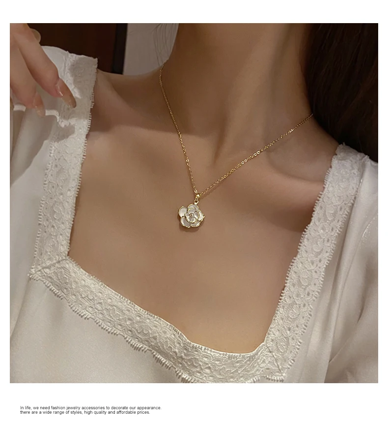 Französische romantische elegante weiße Emaille-Kamel-Kamel-Blumen-Anhänger-Halskette 2025, Damen-Modeschmuck, Luxus-Accessoires für Mädchen – Detail 5