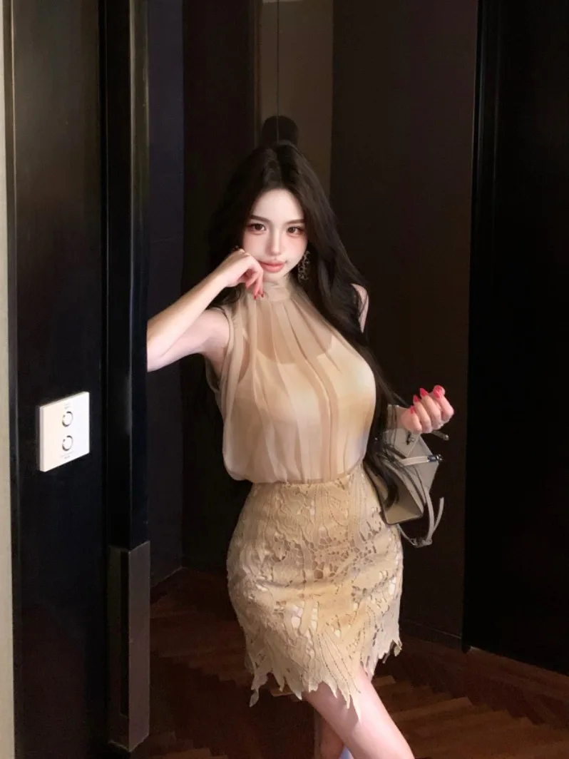 Koreaans ontwerp afslanken Svel Ne hangend vest top hoge taille kanten wrap ter zomerset dames faionable outfit