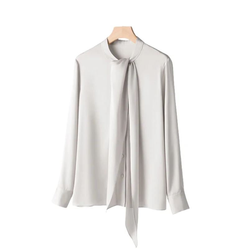 

Women Ribbons Mulberry Silk Blouse Spring 93% Real Silk Long Sleeve Solid Color Shirt Tops