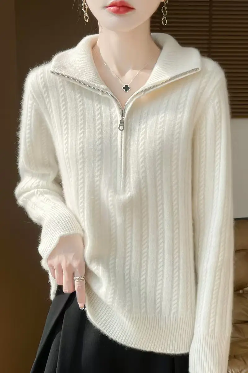 Zipper half-open collar thread knitted bottoming shirt women's 100% pure cashmere blouse autumn and winter sweater