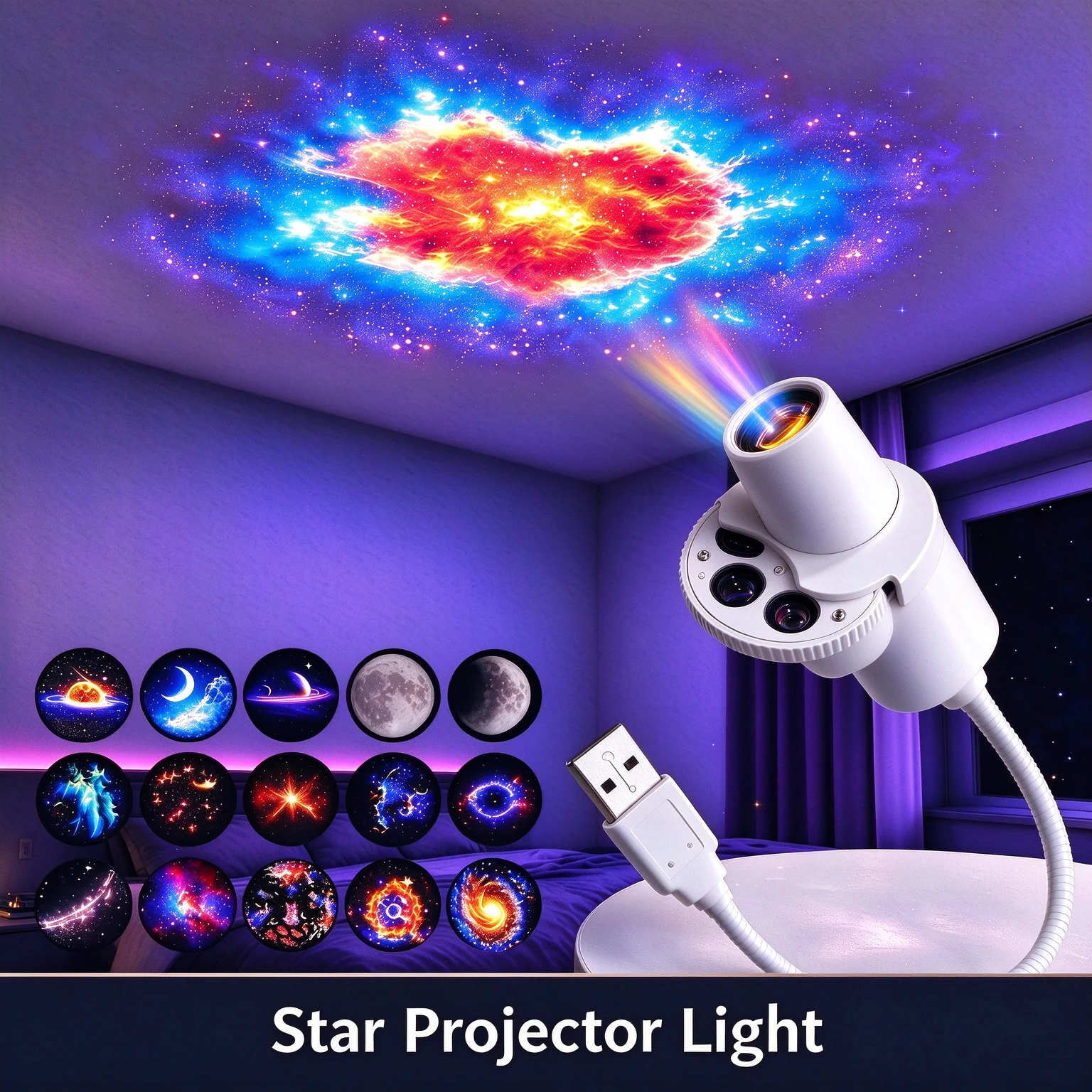 USB Projector Light Halloween Moon Lamp Christmas Holiday Night Light Rotatable Scenes Projector for Wall Ceiling Decor Lighting