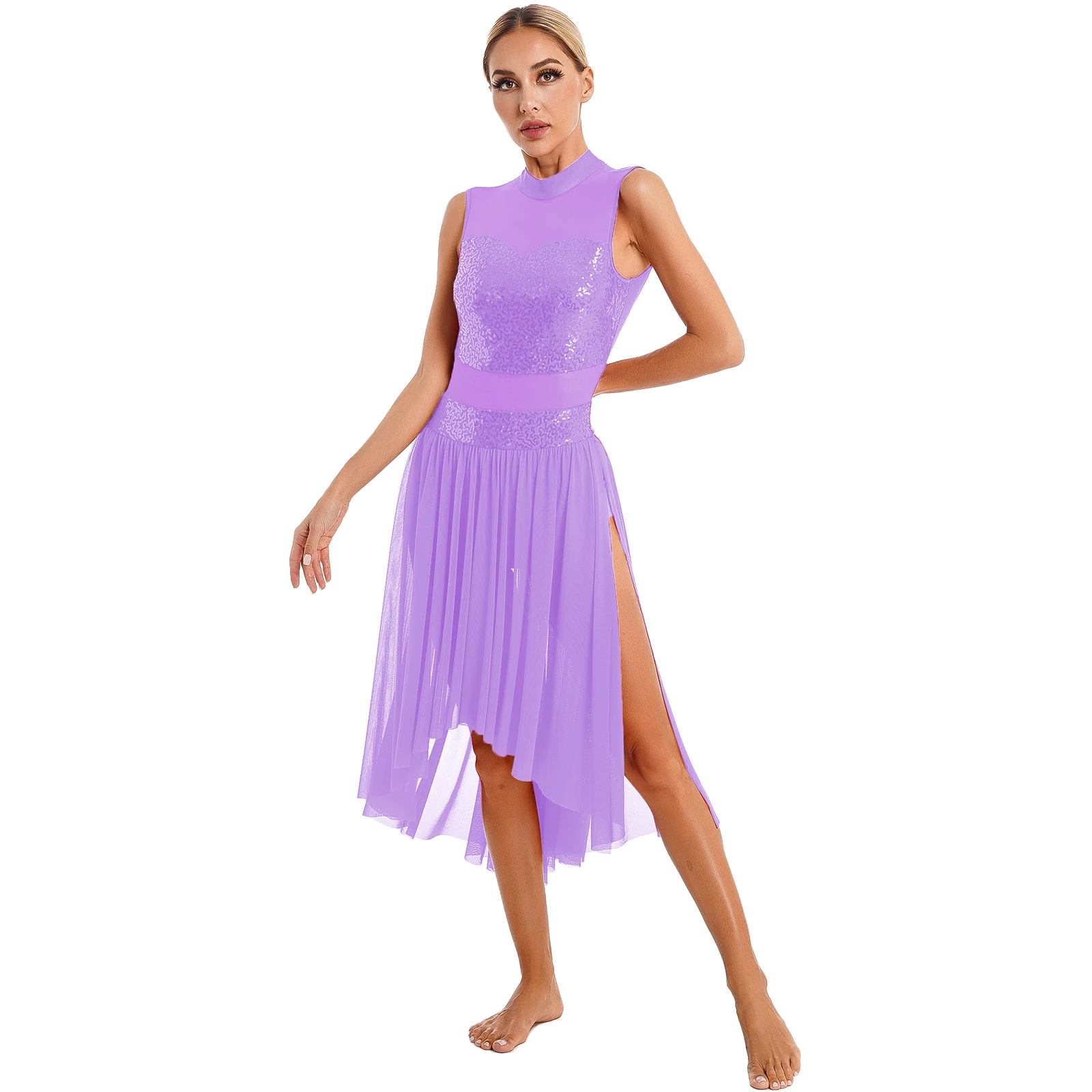 Vrouwen Lyrische Dans Kostuum Mock Hals Mouwloos Mesh Skirted Turnpakje Ballet Hedendaagse Latin Ballroom Dans Slijtage