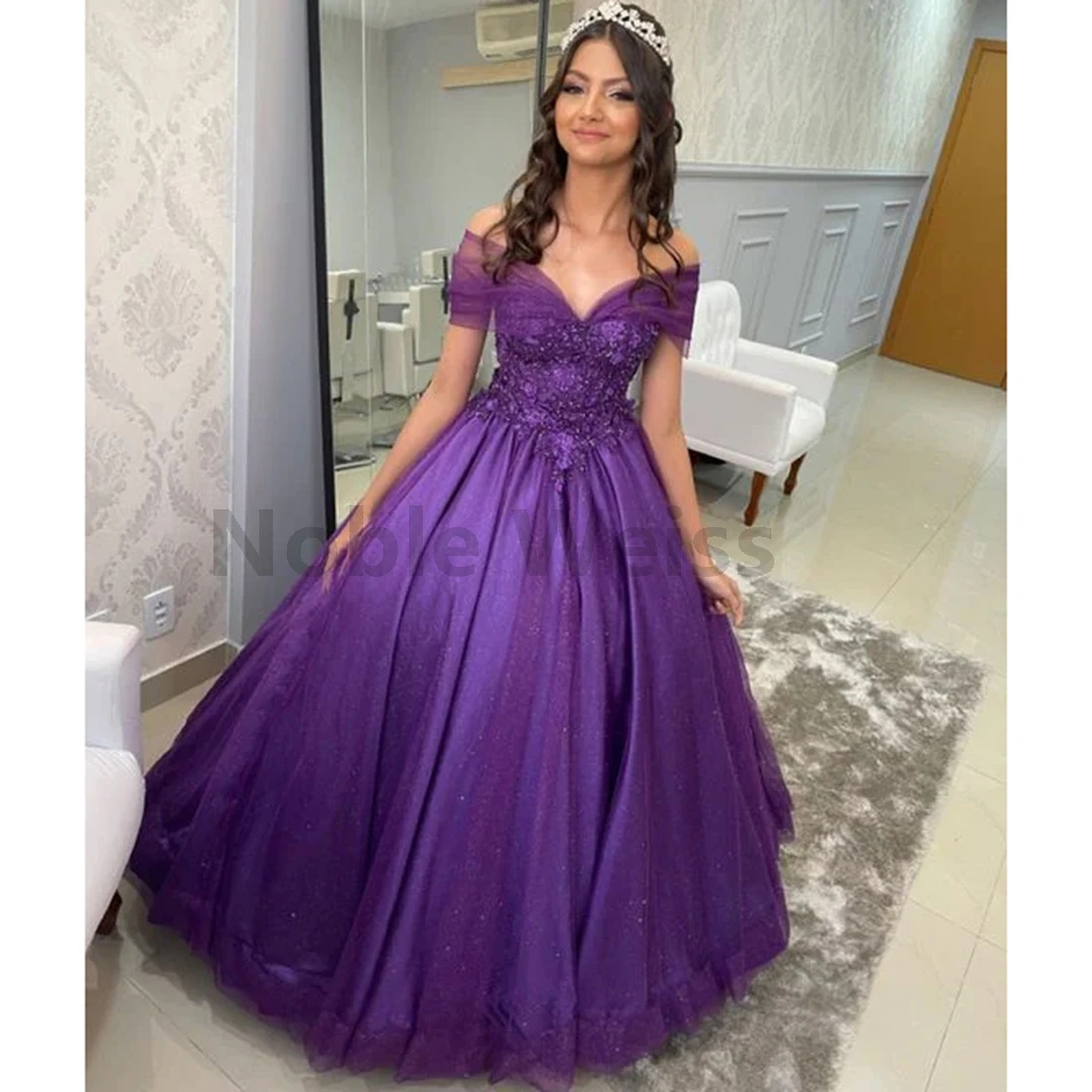 

Tulle Quinceanera Ball Gown Prom Dress Off Shoulder Appliques Special Occasion Dress Customize