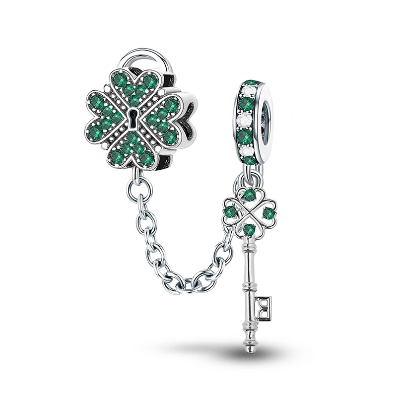 925 Sterling Silver Love Heart Four Leaf Clover Butterfly Safety Chain Fit Bracelet Charms Beads For Women DIY Jewelry