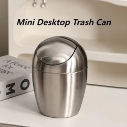 Silver/Golden 304Stainless Steel Garbage Bin Desktop Car-mounted Mini Trash Can Light Luxury Minimalist Office Rolling Cover Bin