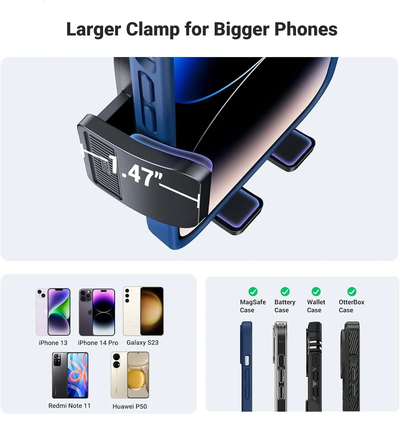 UGREEN Supporto per telefono per auto con braccio oscillante Non blocca la presa d'aria Supporto per telefono per auto Morsetto più ampio Clip Supporto per telefono cellulare Presa d'aria